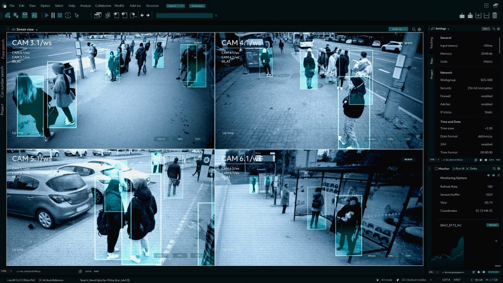 cctv,ai,facial,recognition,camera,authentificating,people,on,street.,security